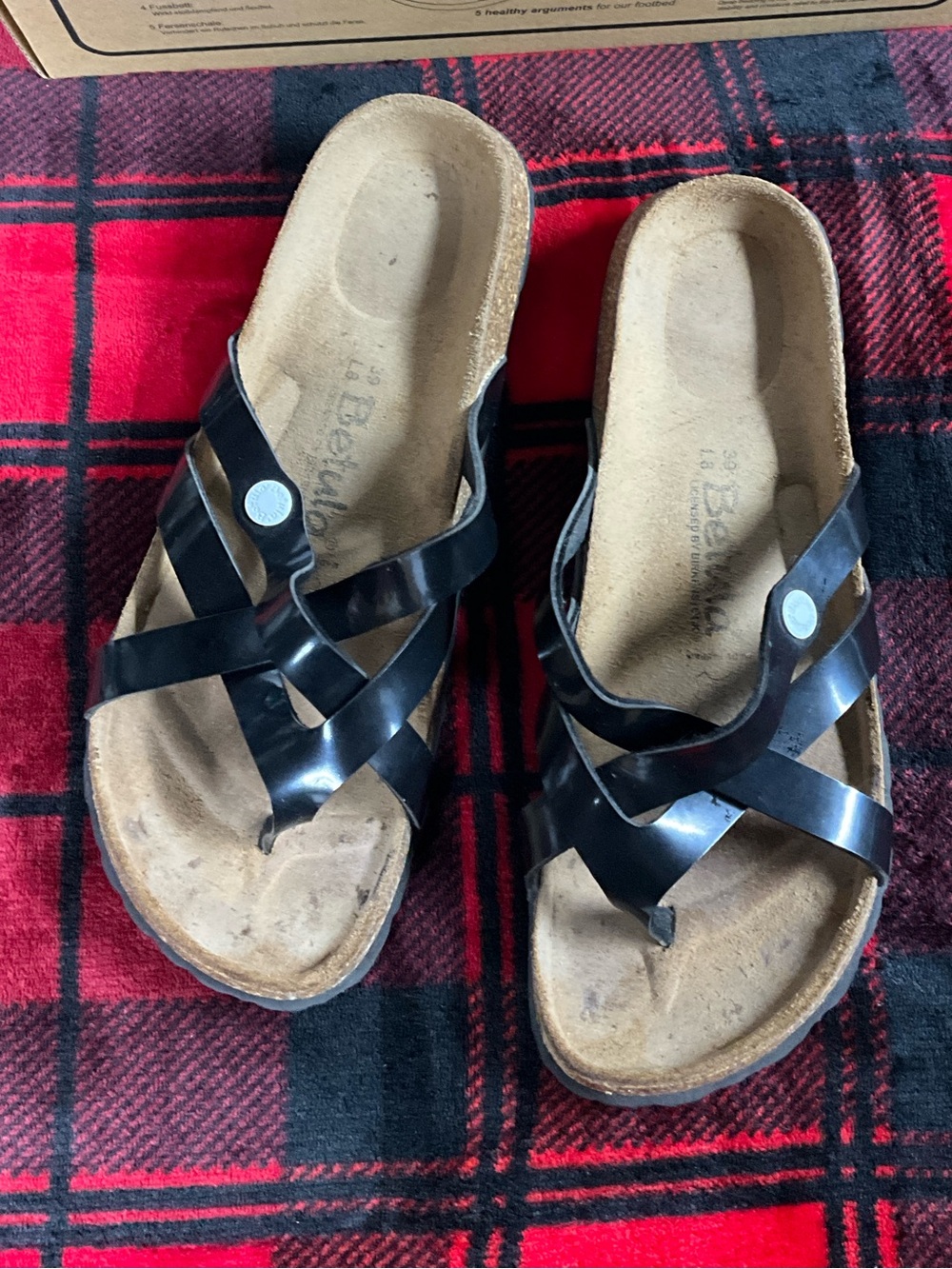 EUC BETULA BY BIRKENSTOCK Black Patten leather Cork Footbed Sandals size 39